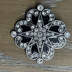Vintage Silver Tone Brooch‎ Pin Black Enamel Rhinestone 8 Point Star Estate